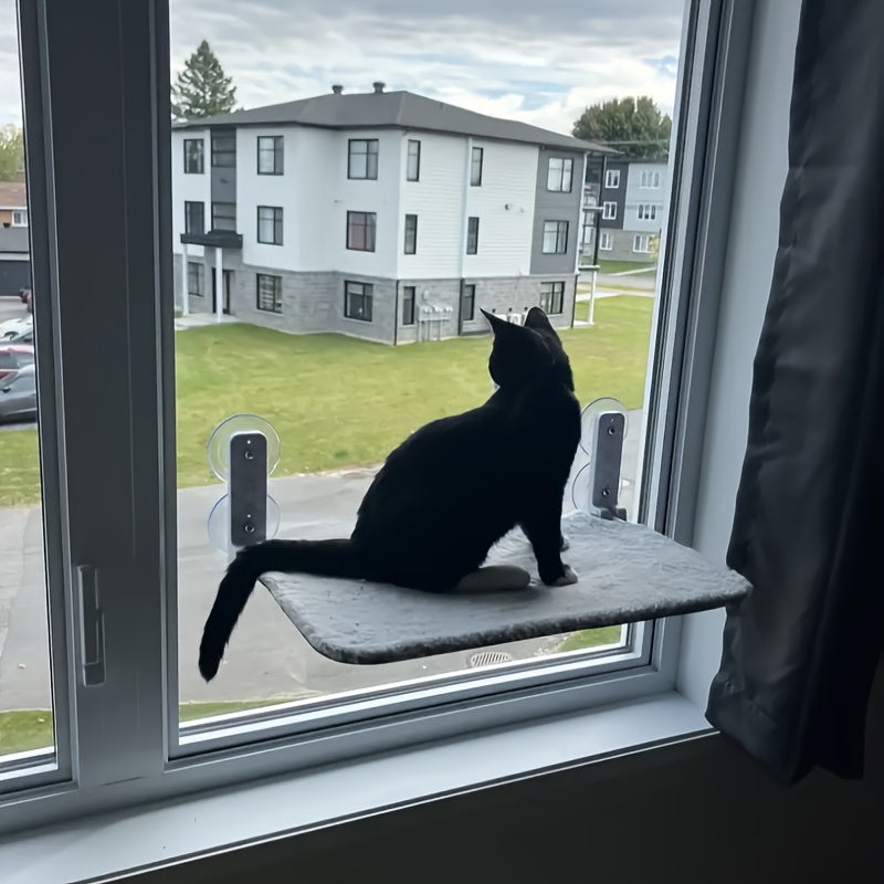 Wireless Cat Window Seat with 4 Suction Cups and Anchor Mount/Screw Installation - Sturdy Metal Frame, Reversible Plush Cover, Foldable Space-Saving Design Indoor Cat Relaxation Point | Soft Cushion Pet Bed | Polyester Fiber Filling, Window Seat for Cats