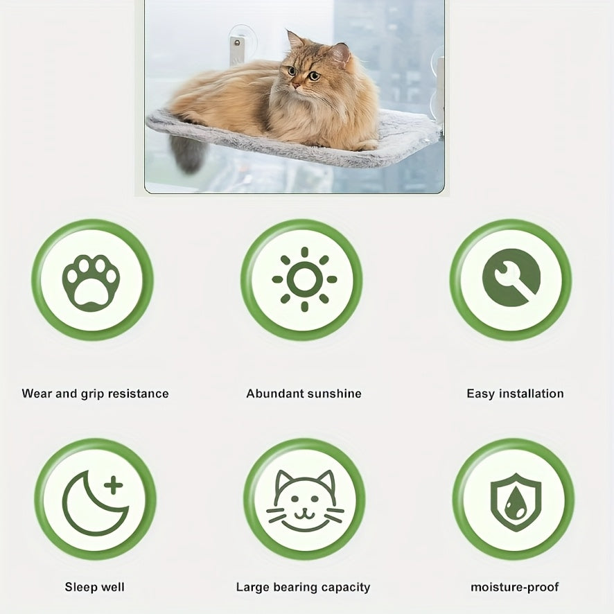 Wireless Cat Window Seat with 4 Suction Cups and Anchor Mount/Screw Installation - Sturdy Metal Frame, Reversible Plush Cover, Foldable Space-Saving Design Indoor Cat Relaxation Point | Soft Cushion Pet Bed | Polyester Fiber Filling, Window Seat for Cats