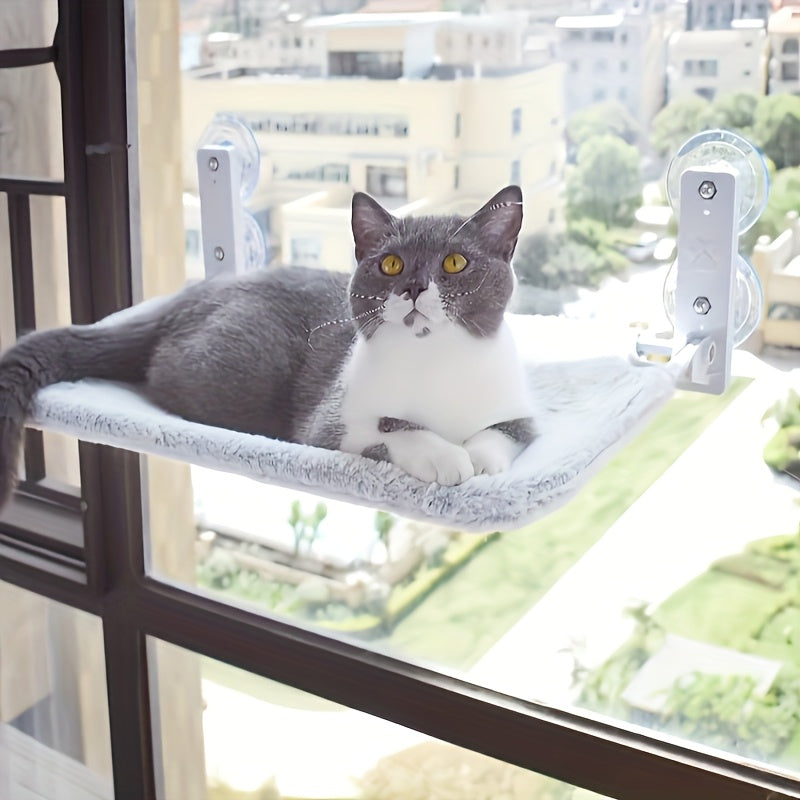 Wireless Cat Window Seat with 4 Suction Cups and Anchor Mount/Screw Installation - Sturdy Metal Frame, Reversible Plush Cover, Foldable Space-Saving Design Indoor Cat Relaxation Point | Soft Cushion Pet Bed | Polyester Fiber Filling, Window Seat for Cats