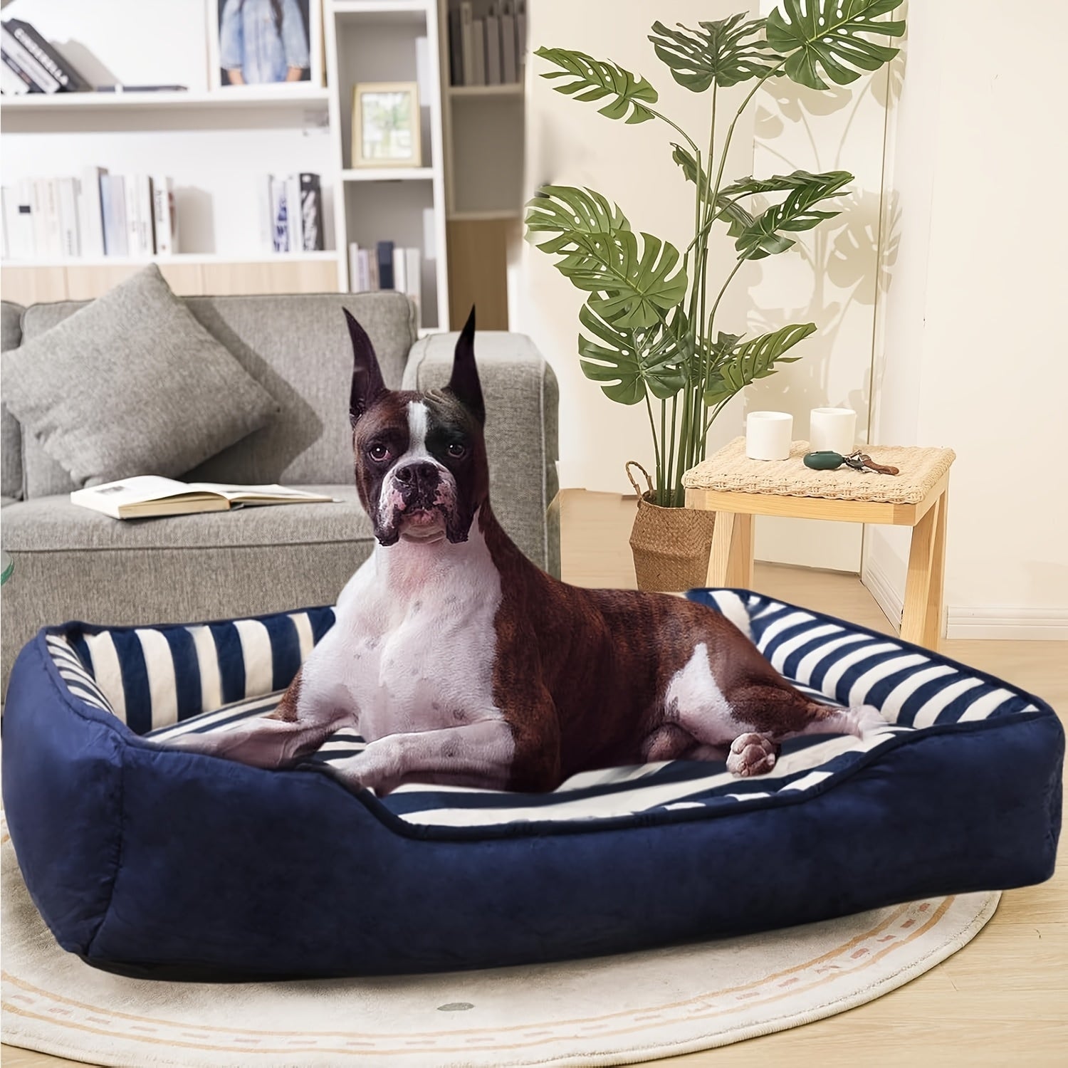 Orthopedic Dog Bed For Extra Large Dogs With Cushion, XL Dog Bed With Bolster, Easy Clean Dog Bed Sofa With Velvet & Cotton, Pinstripe Dog Bed Sofa With Non-Slip Bottom, Blue & White, X-Large