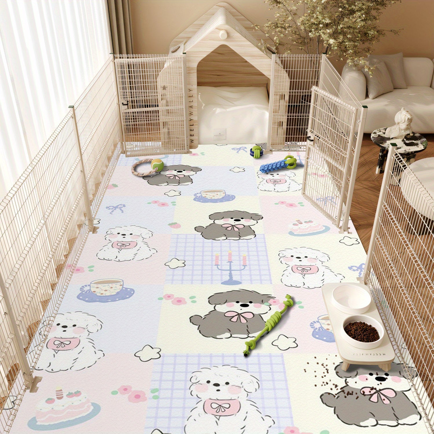 Large Plush Non-Slip Dog Mat with Adorable Black & White Puppy Design - All-Season Chew-Resistant Washable Pet Bed, Multi-Size Soft Polyester Floor Mat for Feeding, Play & Home Decor, Large Dog Bed