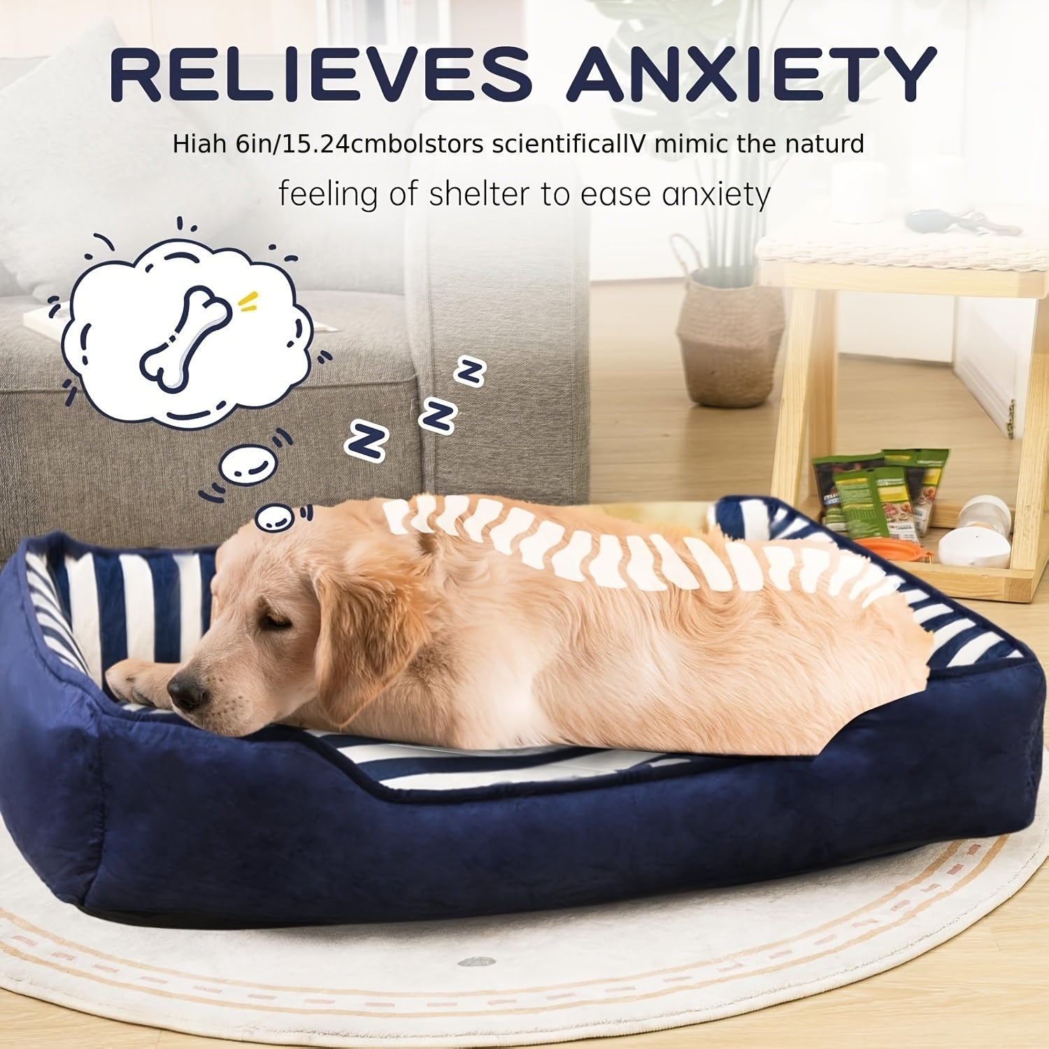 Orthopedic Dog Bed For Extra Large Dogs With Cushion, XL Dog Bed With Bolster, Easy Clean Dog Bed Sofa With Velvet & Cotton, Pinstripe Dog Bed Sofa With Non-Slip Bottom, Blue & White, X-Large