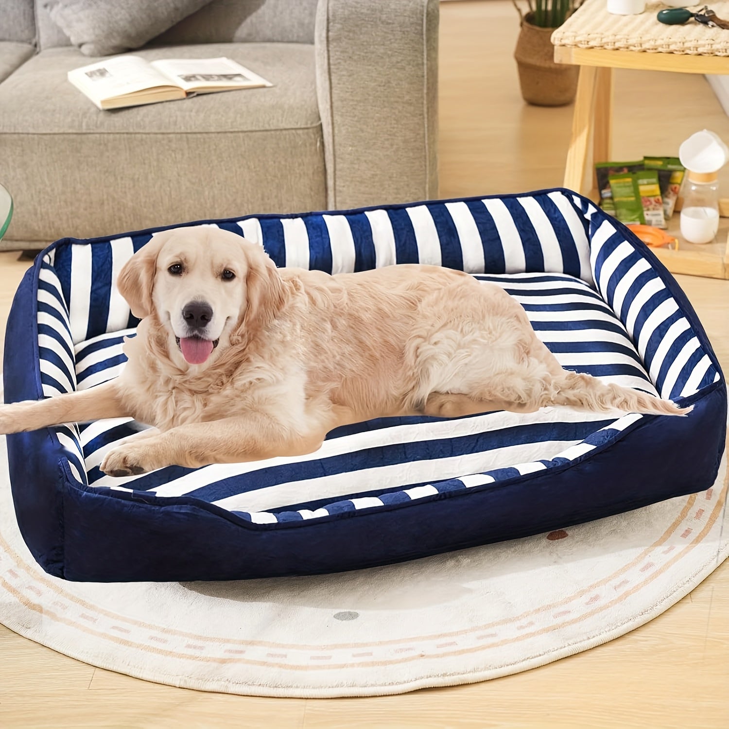 Orthopedic Dog Bed For Extra Large Dogs With Cushion, XL Dog Bed With Bolster, Easy Clean Dog Bed Sofa With Velvet & Cotton, Pinstripe Dog Bed Sofa With Non-Slip Bottom, Blue & White, X-Large