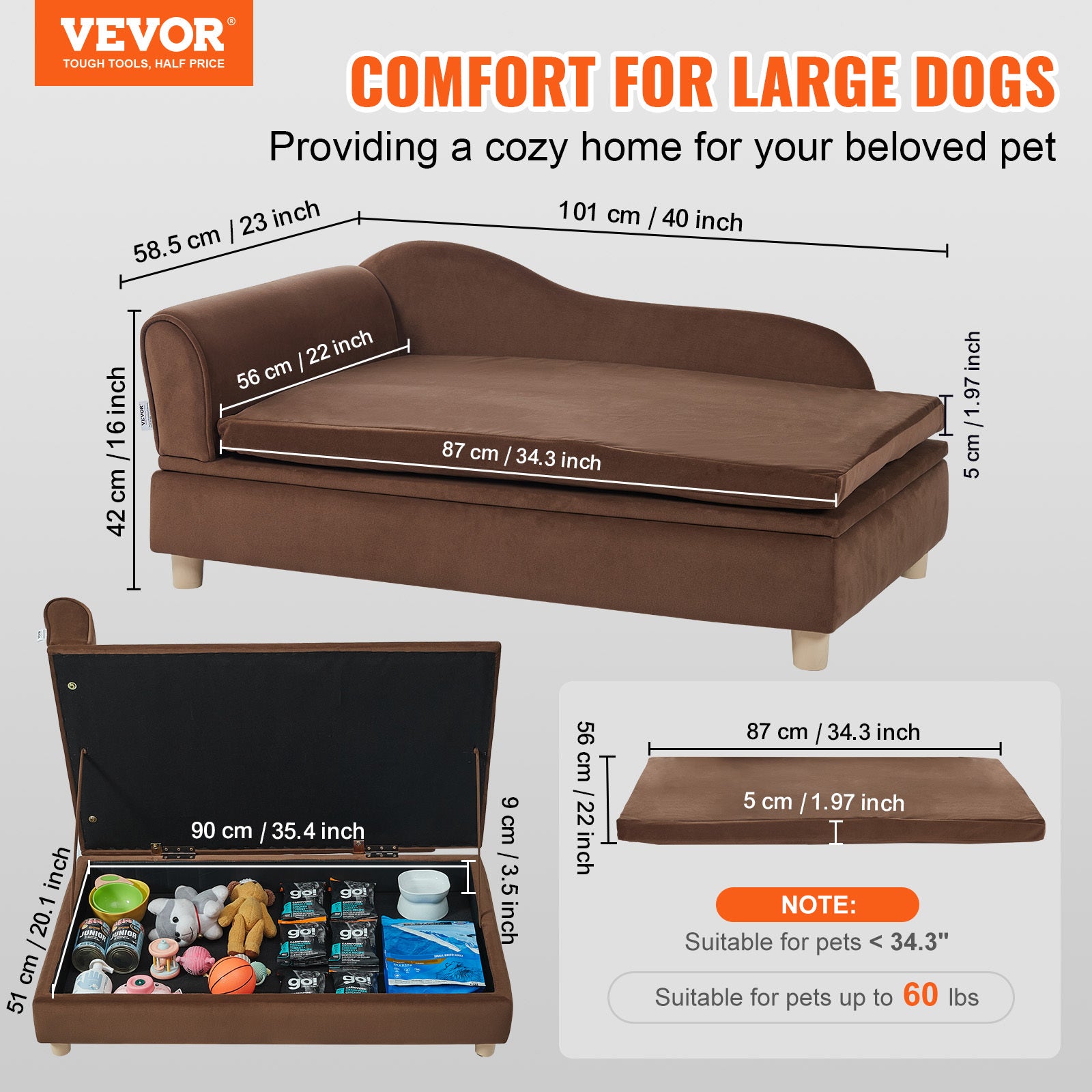 1pc VEVOR Velvet Dog Sofa Bed, Medium-Soft Sponge Filled Pet Couch with Cross-Back Design, Dry Clean, No Assembly Required, Supports up to 110 lbs - Dark Brown