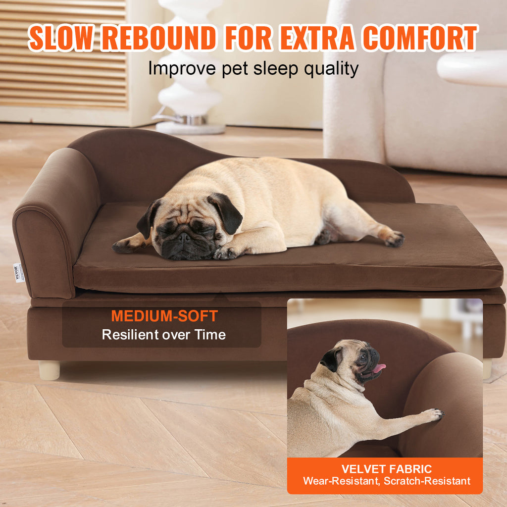 1pc VEVOR Velvet Dog Sofa Bed, Medium-Soft Sponge Filled Pet Couch with Cross-Back Design, Dry Clean, No Assembly Required, Supports up to 110 lbs - Dark Brown