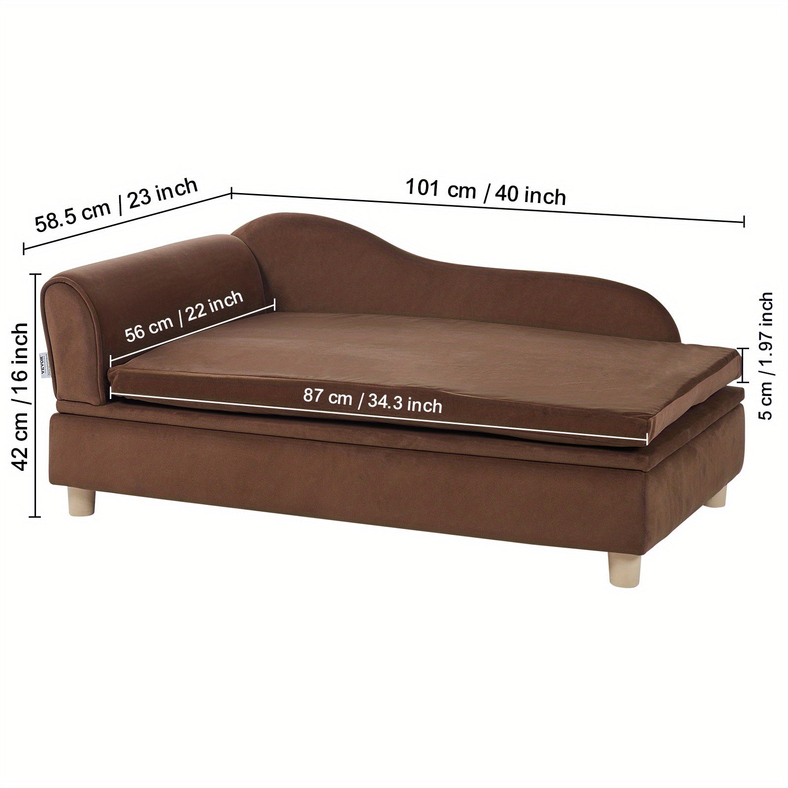 1pc VEVOR Velvet Dog Sofa Bed, Medium-Soft Sponge Filled Pet Couch with Cross-Back Design, Dry Clean, No Assembly Required, Supports up to 110 lbs - Dark Brown