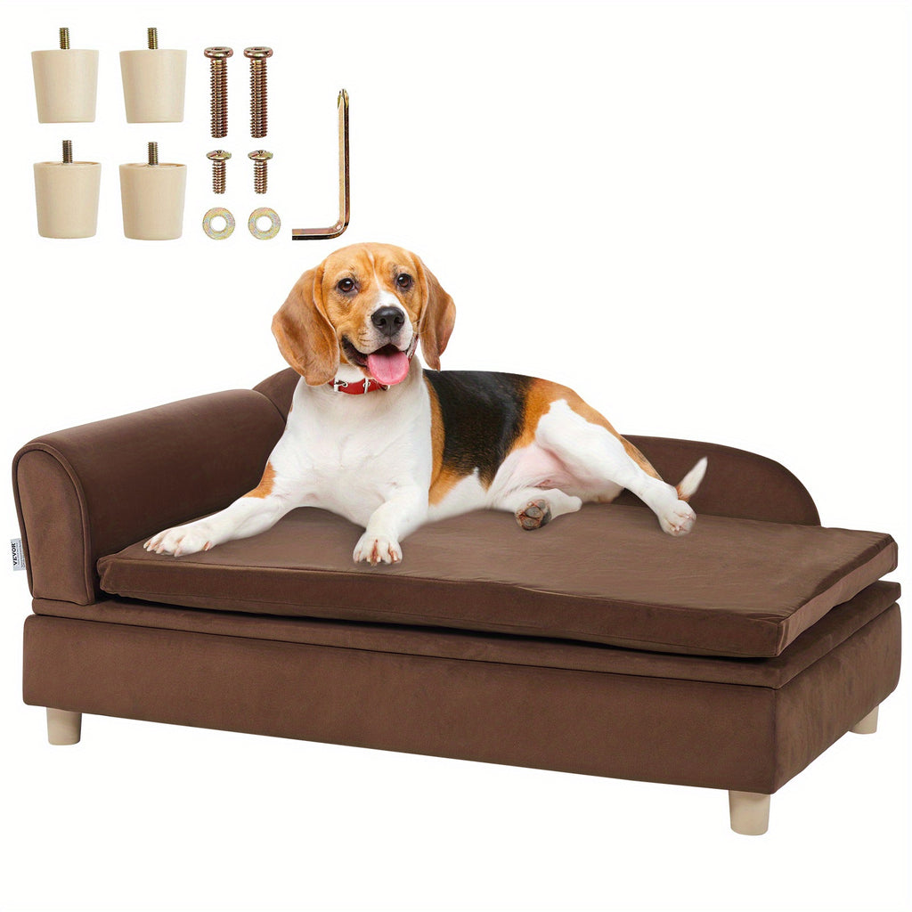 1pc VEVOR Velvet Dog Sofa Bed, Medium-Soft Sponge Filled Pet Couch with Cross-Back Design, Dry Clean, No Assembly Required, Supports up to 110 lbs - Dark Brown