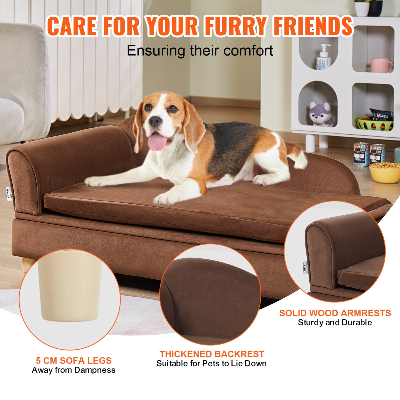 1pc VEVOR Velvet Dog Sofa Bed, Medium-Soft Sponge Filled Pet Couch with Cross-Back Design, Dry Clean, No Assembly Required, Supports up to 110 lbs - Dark Brown