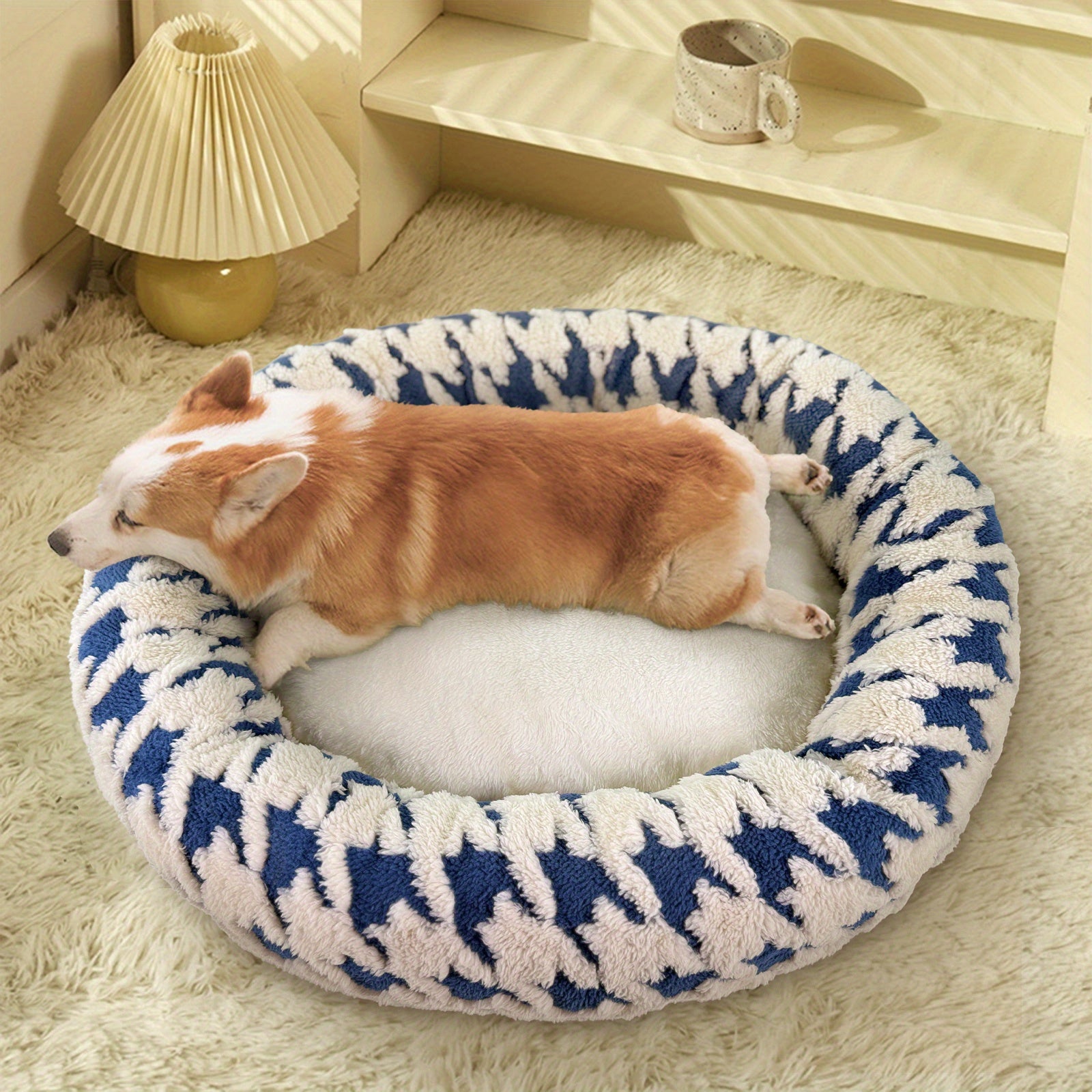 Dog Bed - Cushioned Pet Cave with Neck Support, Rounded Edges for Small/Medium Dogs - No Assembly Needed, Soft Nest for Corgis, Pomeranians, Indoor/Travel Use - Black & White or Blue & White, Curled Side Support