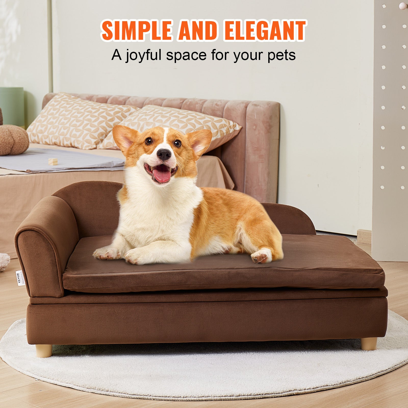 1pc VEVOR Velvet Dog Sofa Bed, Medium-Soft Sponge Filled Pet Couch with Cross-Back Design, Dry Clean, No Assembly Required, Supports up to 110 lbs - Dark Brown