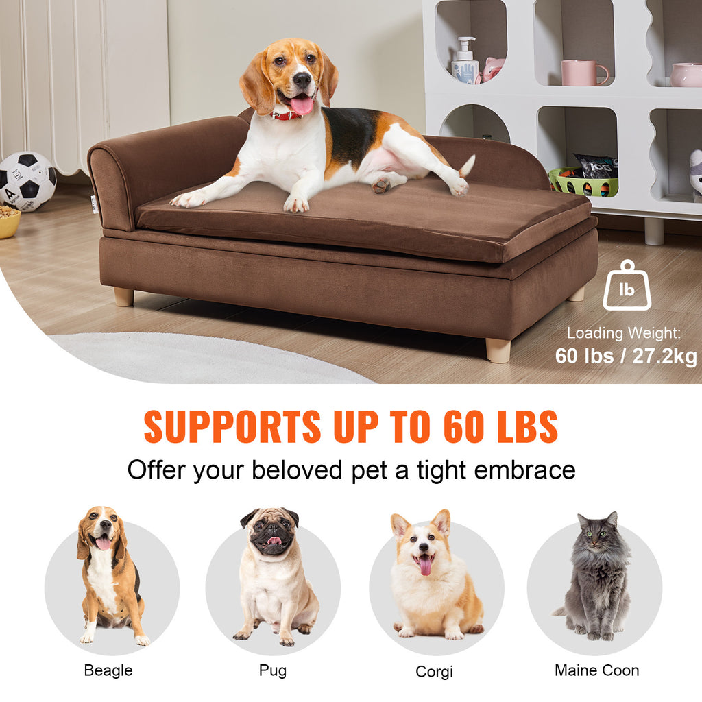 1pc VEVOR Velvet Dog Sofa Bed, Medium-Soft Sponge Filled Pet Couch with Cross-Back Design, Dry Clean, No Assembly Required, Supports up to 110 lbs - Dark Brown